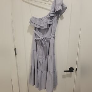 NICOLE MILLER Blue Asymmetric One Shoulder Ruffle Linen Tiered Belted Dress S